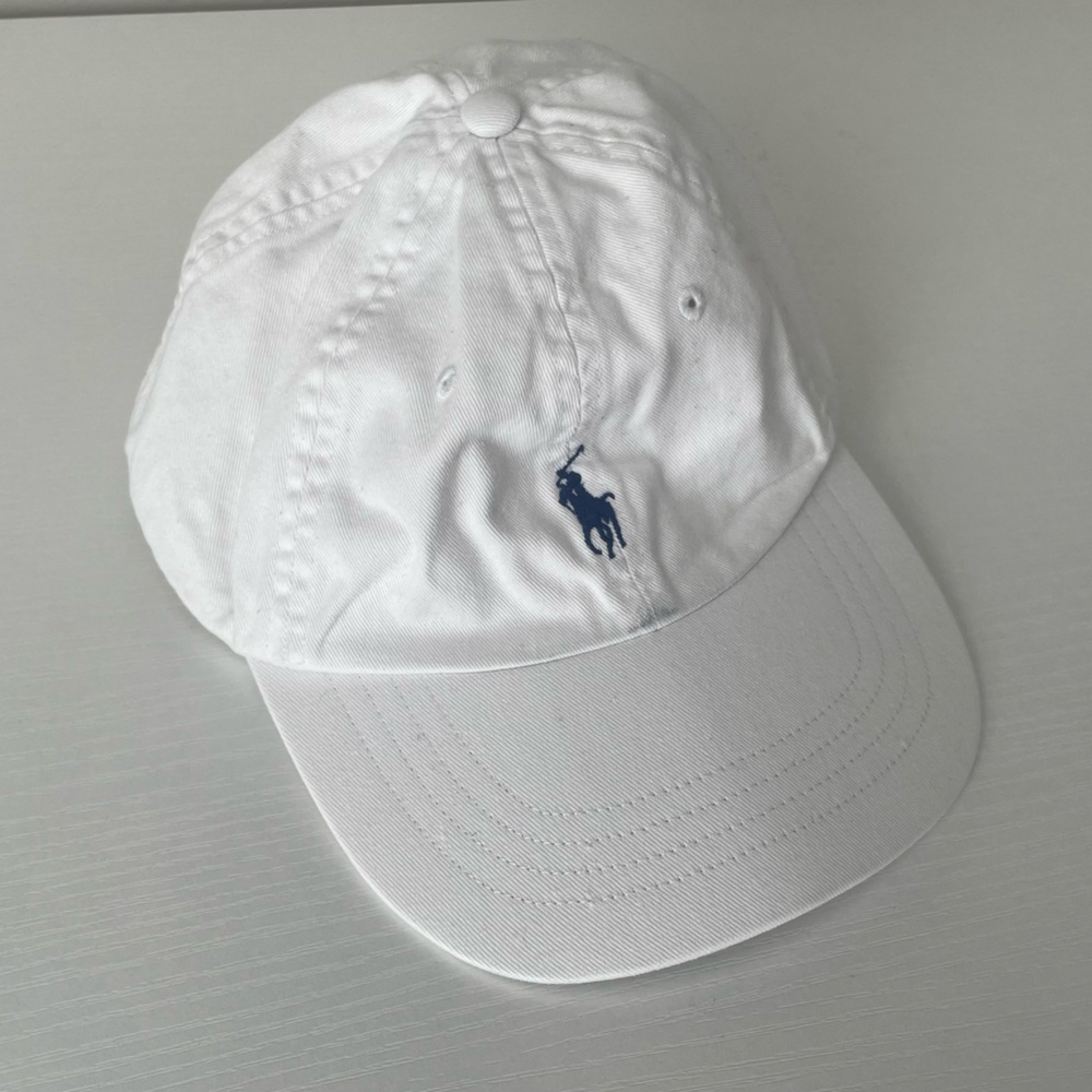 white polo ralph lauren baseball cap with navy logo